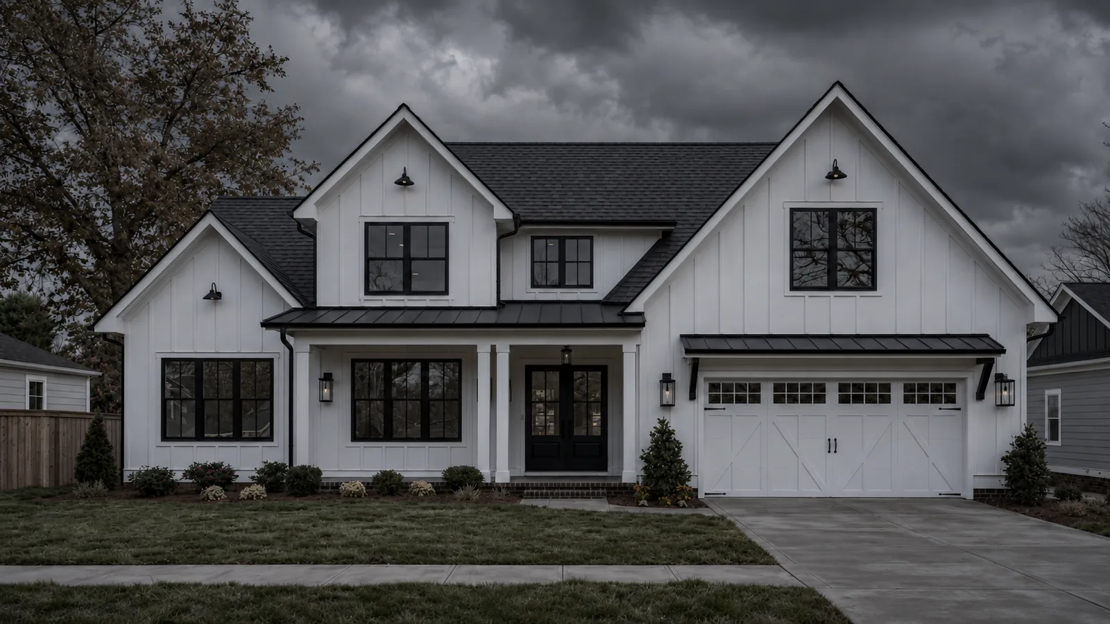 White house with continuous charcoal shingles and straight metal seams over the porch and garage.