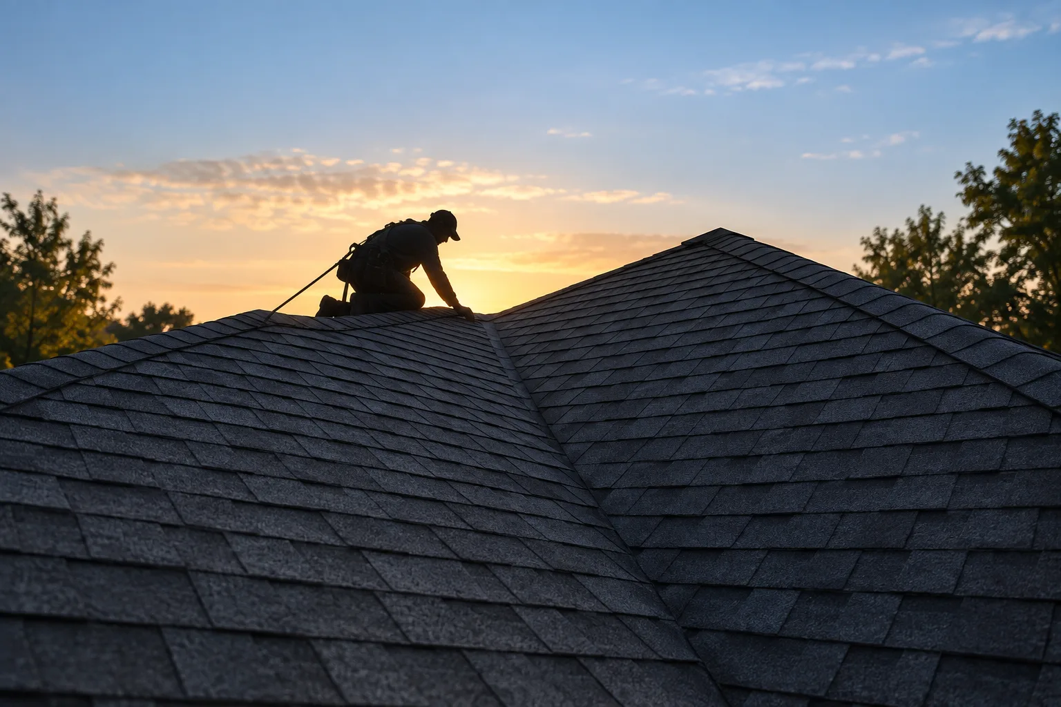 Backlit roofer beside a roof valley in warm evening light